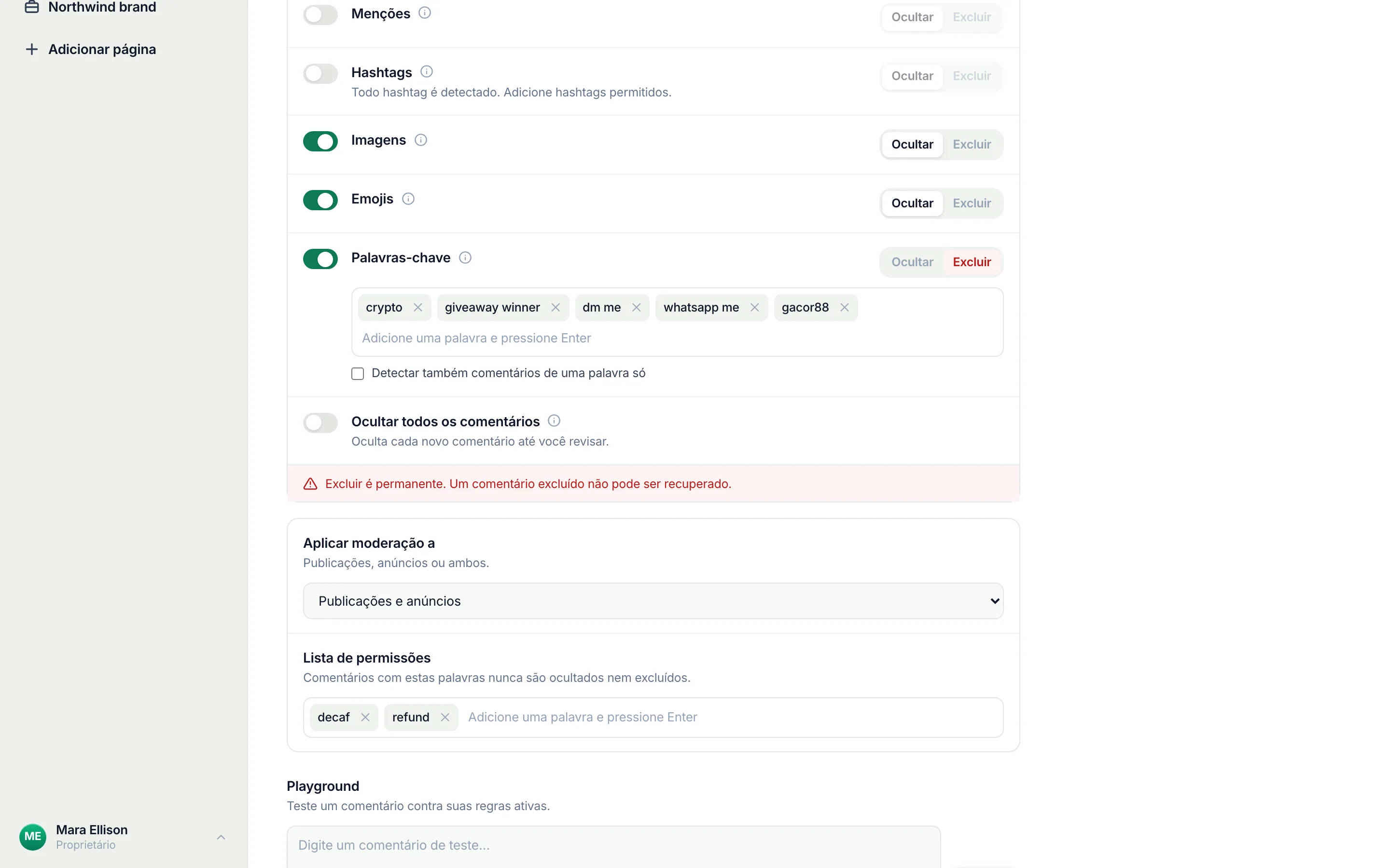 O controle Aplicar moderação a nas regras de uma conta do Instagram em 17 de setembro de 2026, circulado, lendo Tanto publicações quanto anúncios; anúncios apenas é uma das opções.