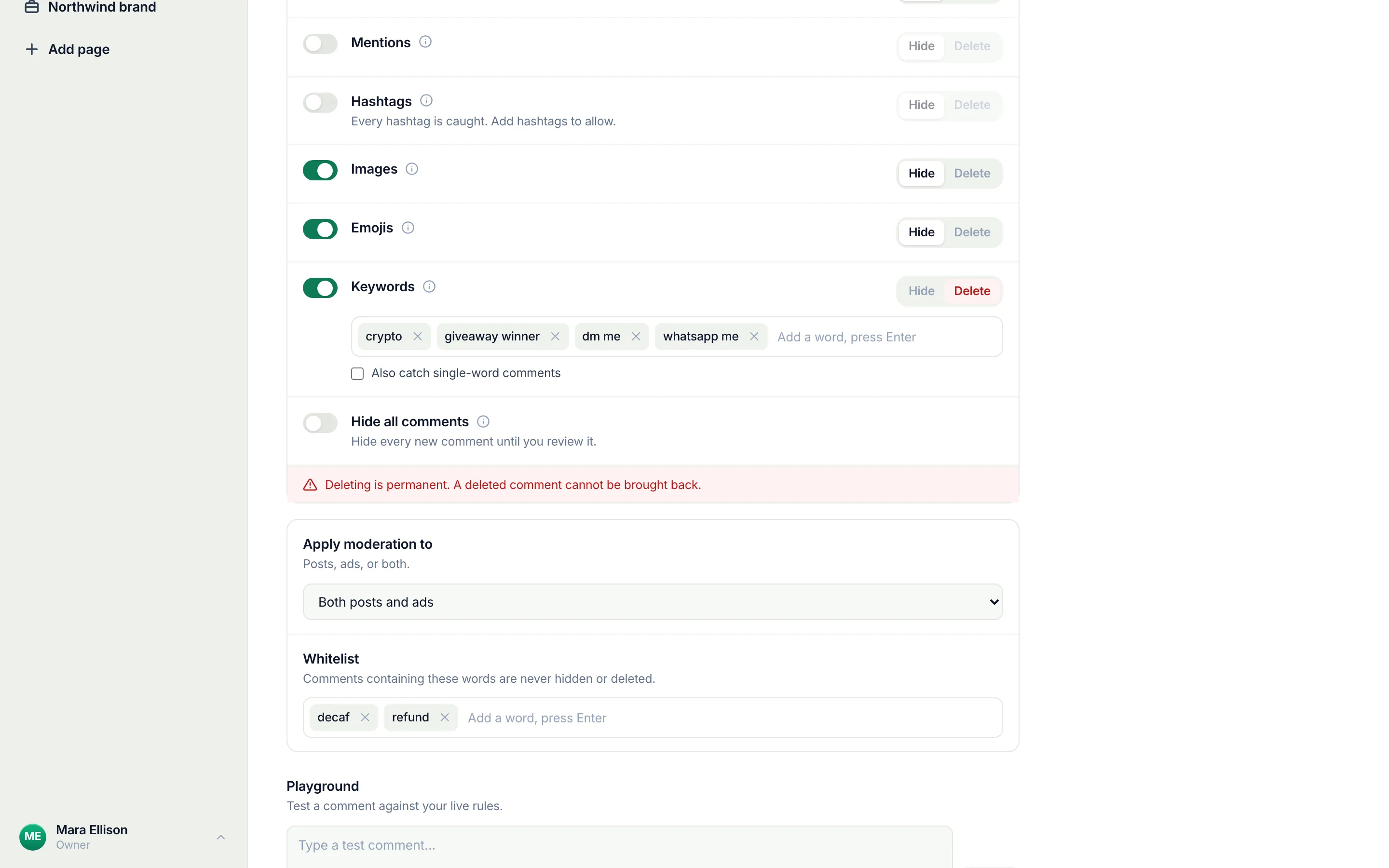 The whitelist under the rules: add a word, press Enter.