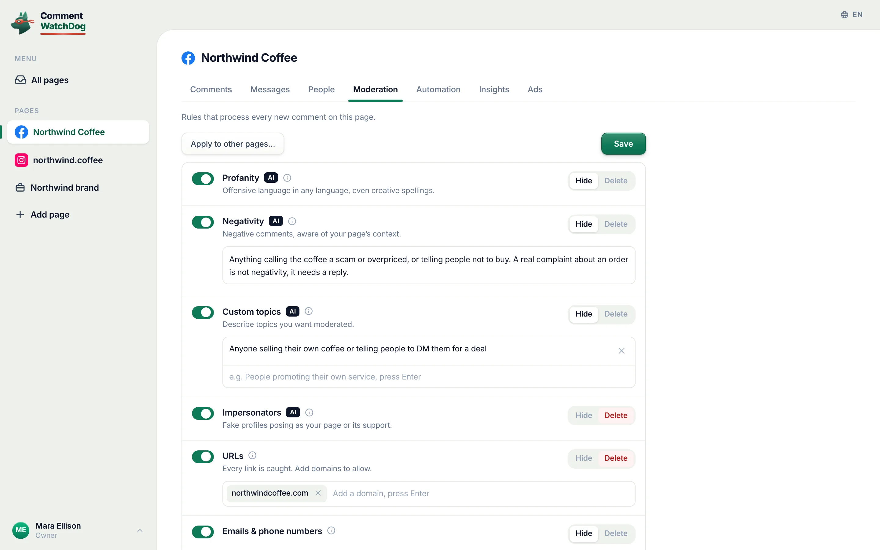 Moderation for Northwind Coffee: every rule a switch, hide or delete per rule, AI on the ones that read meaning.