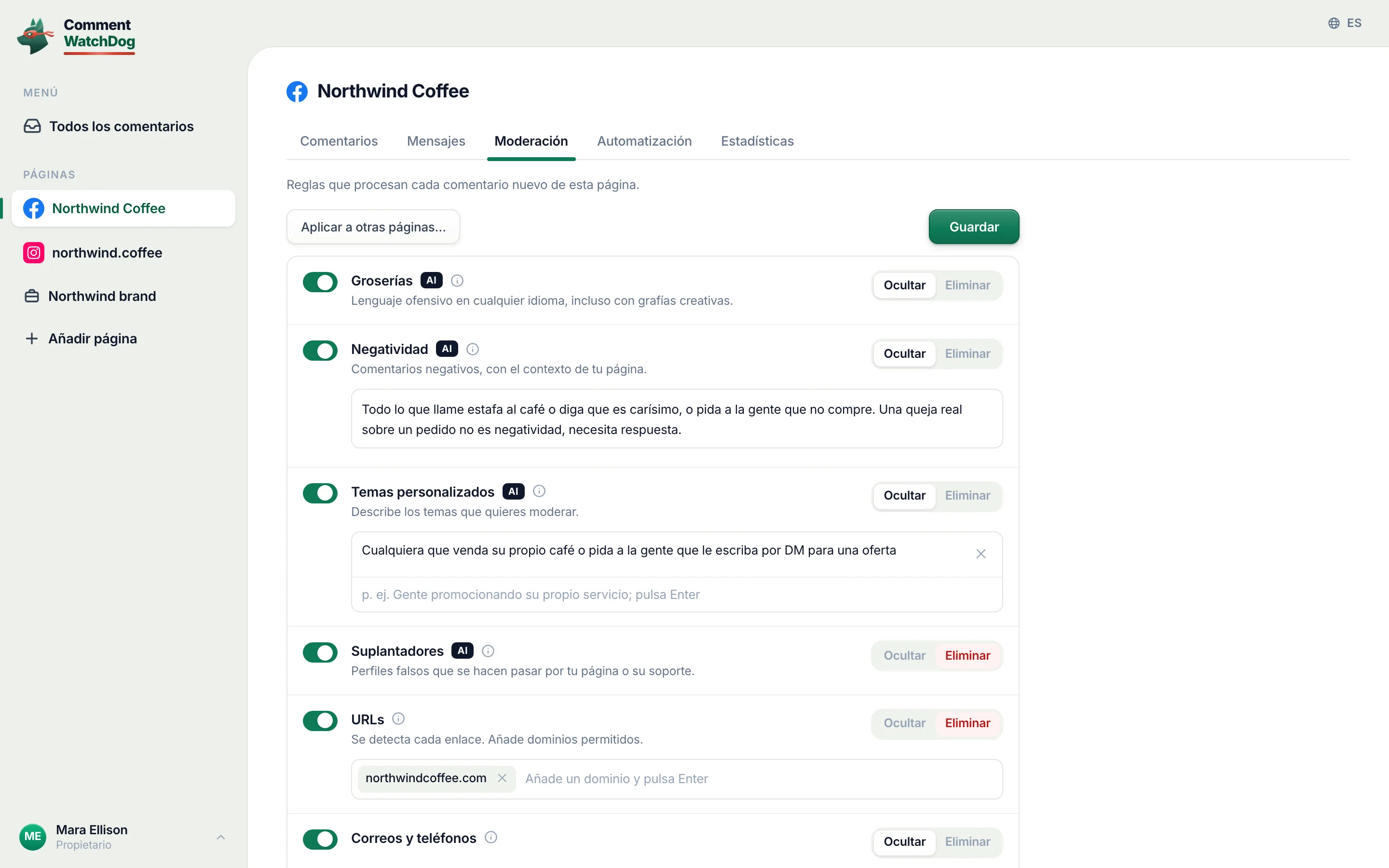 Moderación de Northwind Coffee: cada regla es un interruptor, ocultar o eliminar por regla, IA en las que leen el significado.