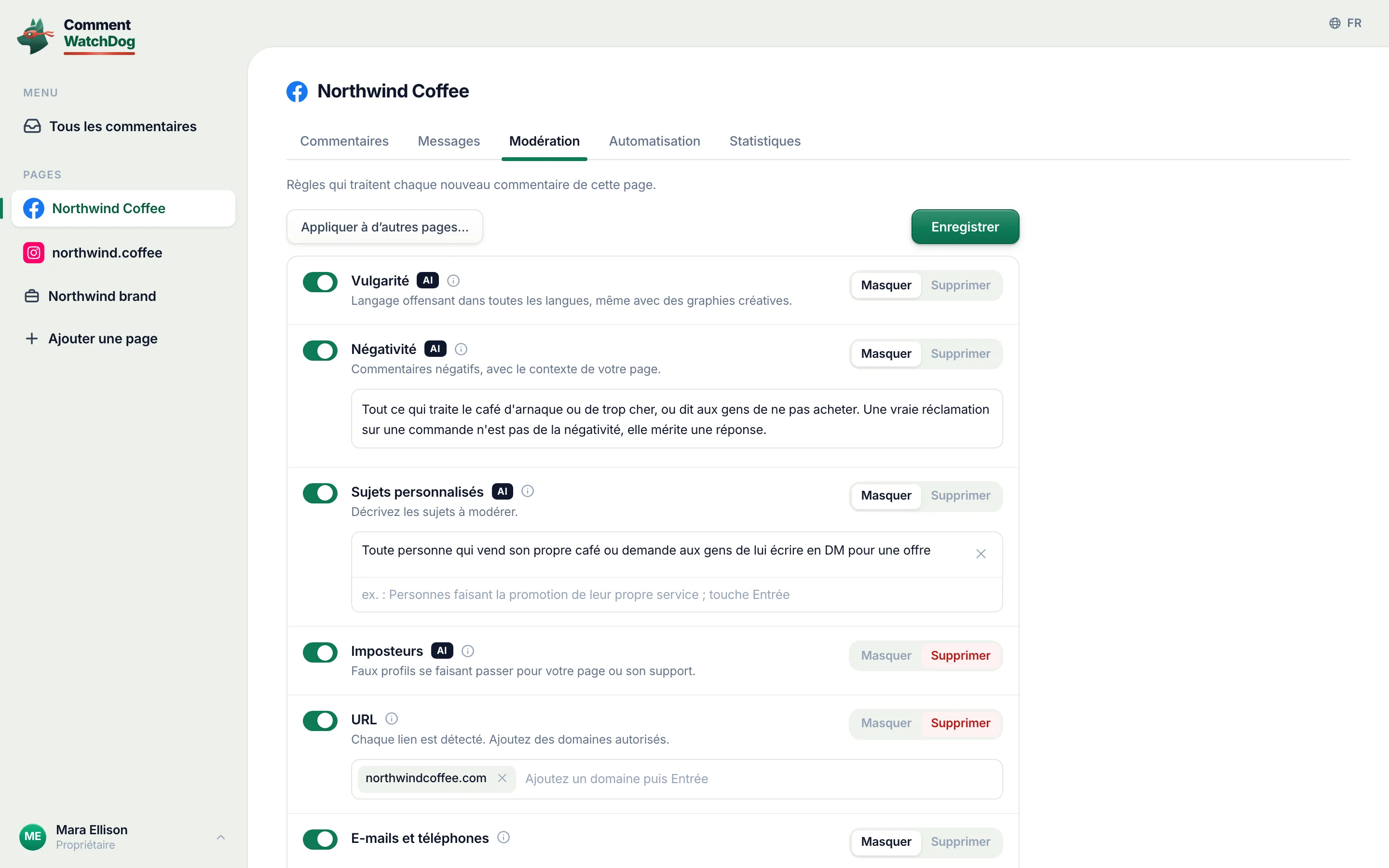 La modération de Northwind Coffee : chaque règle est un interrupteur, masquer ou supprimer par règle, l'IA sur celles qui lisent le sens.