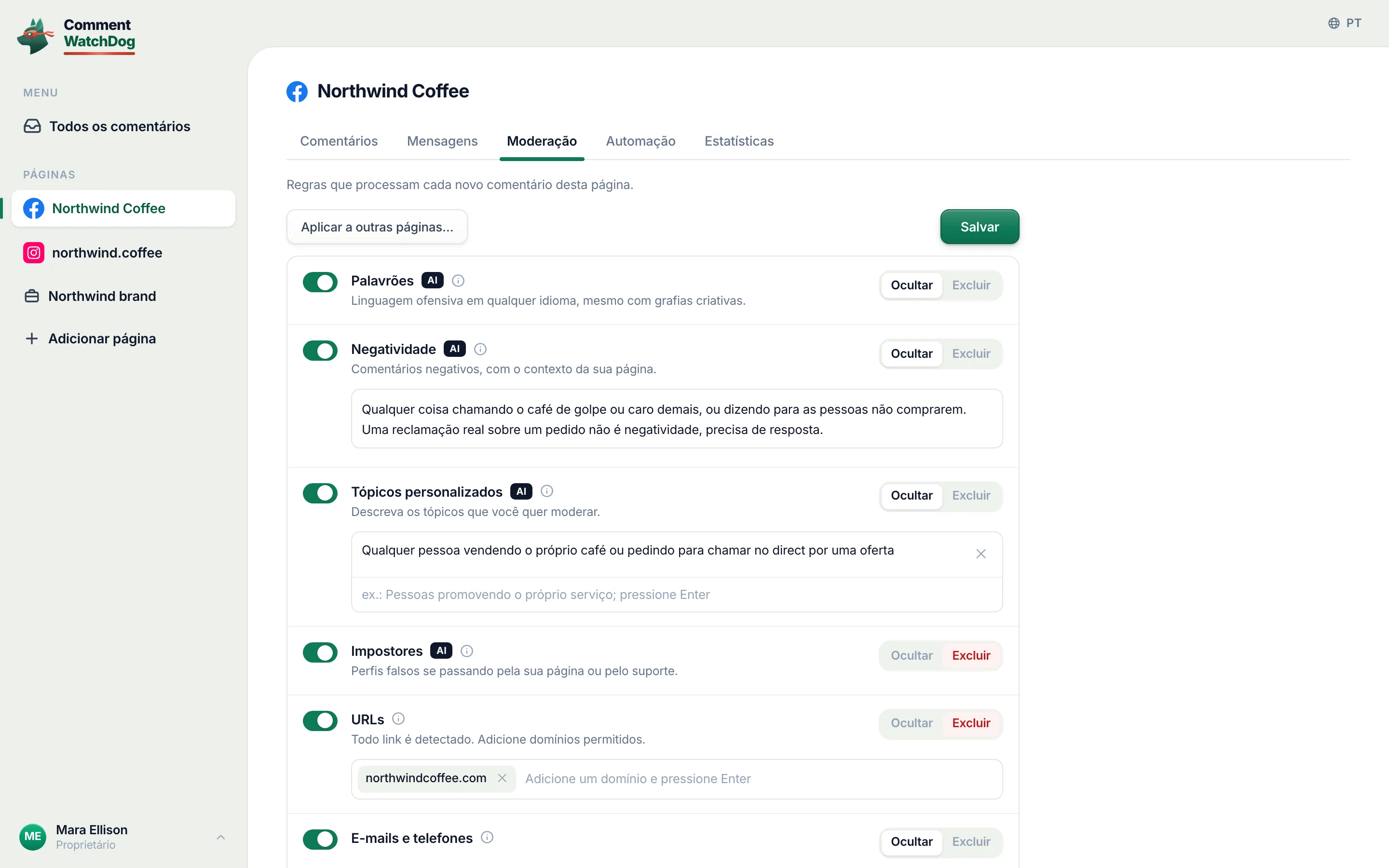 Moderação da Northwind Coffee: cada regra é um interruptor, ocultar ou excluir por regra, IA nas que leem o sentido.
