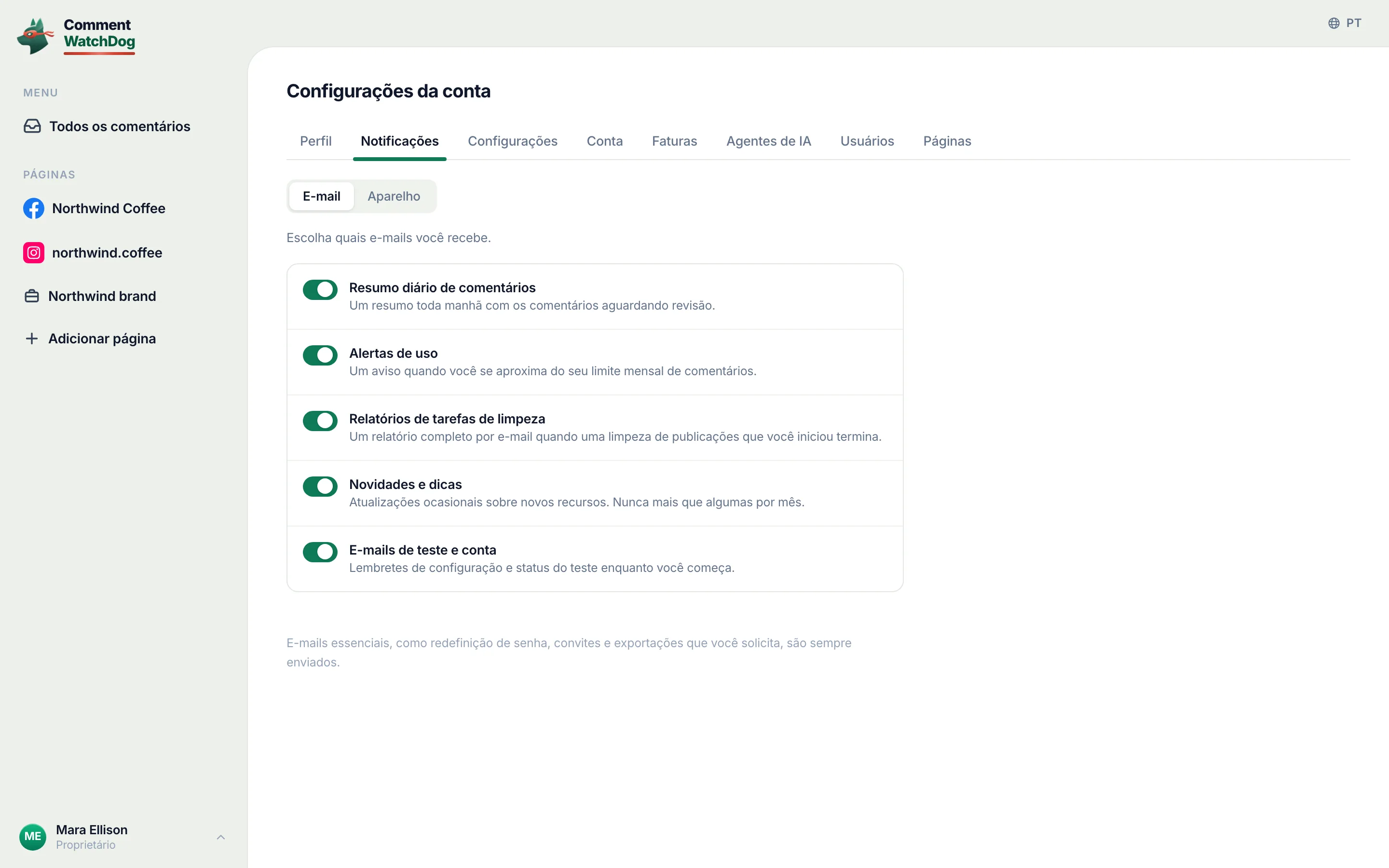 Cada pessoa ativa o resumo para si mesma em Notificações, E-mail.