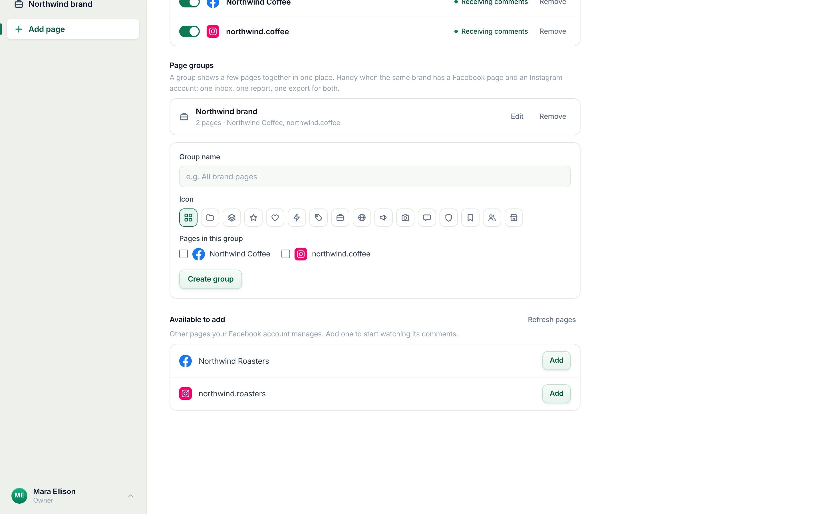 Available to add, under Page groups: the pages not watched yet, each with its Add button.