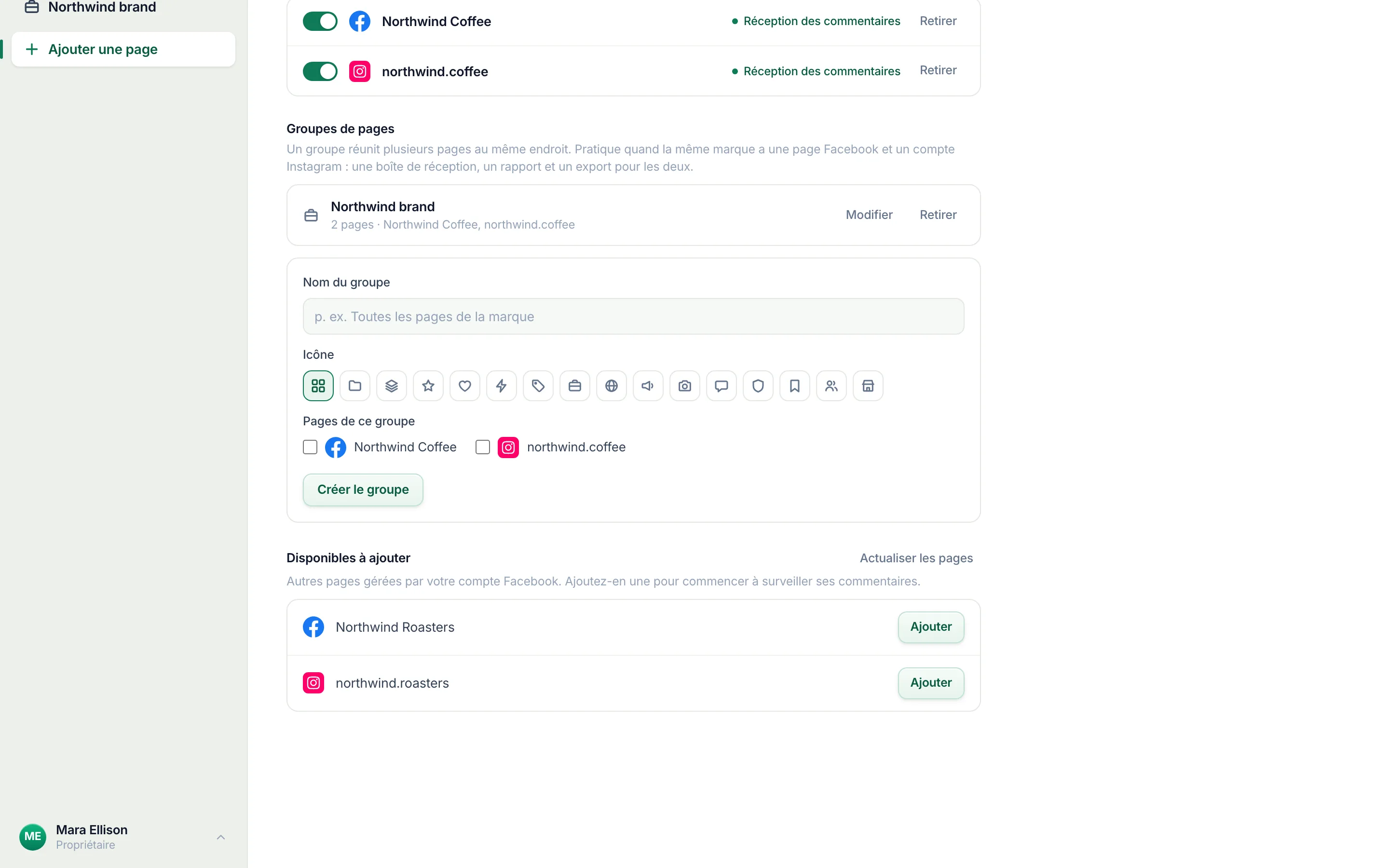 Disponible pour ajout, sous Groupes de pages : les pages pas encore surveillées, chacune avec son bouton Ajouter.