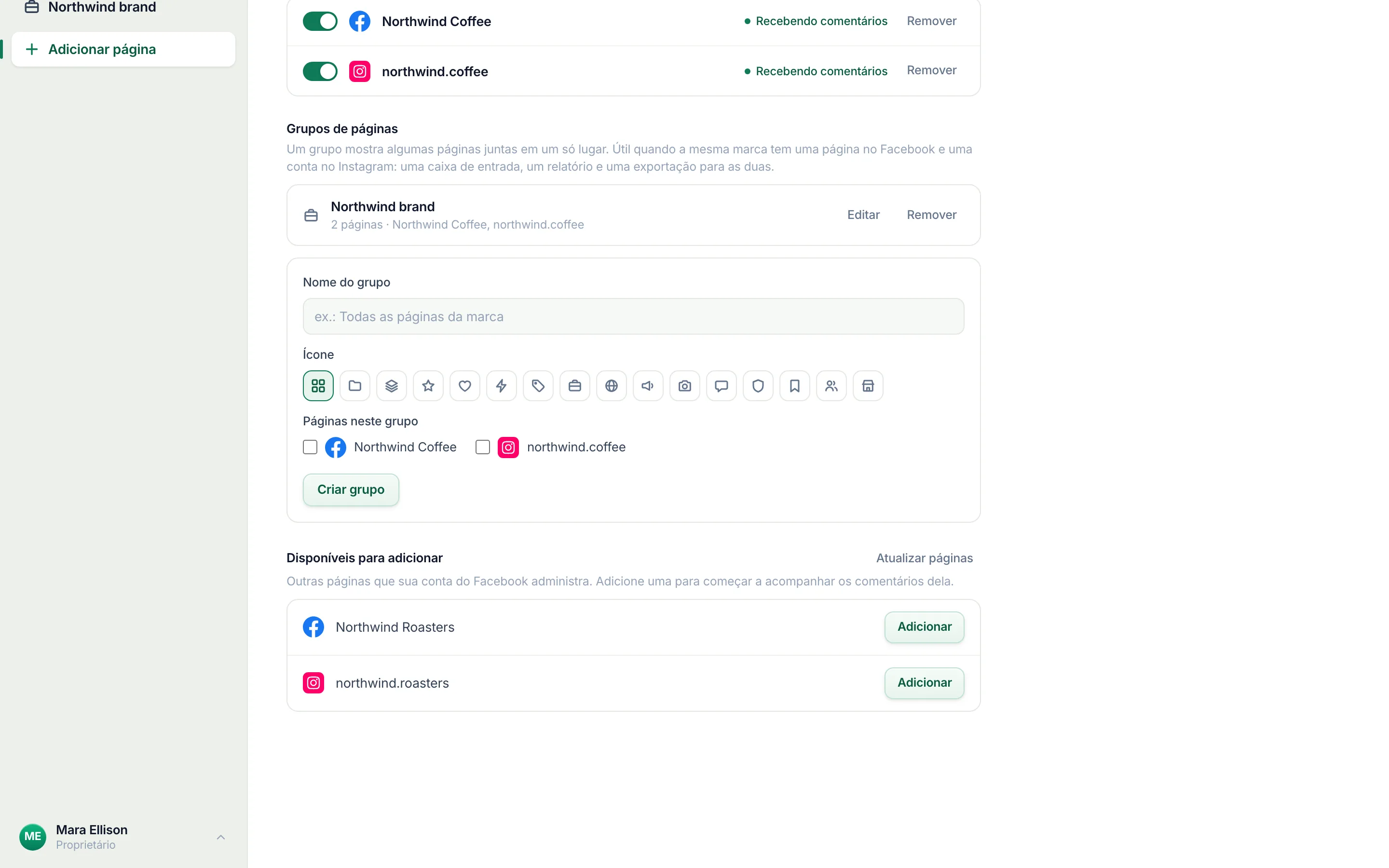 Disponível para adicionar, sob Grupos de páginas: as páginas ainda não vigiadas, cada uma com seu botão Adicionar.