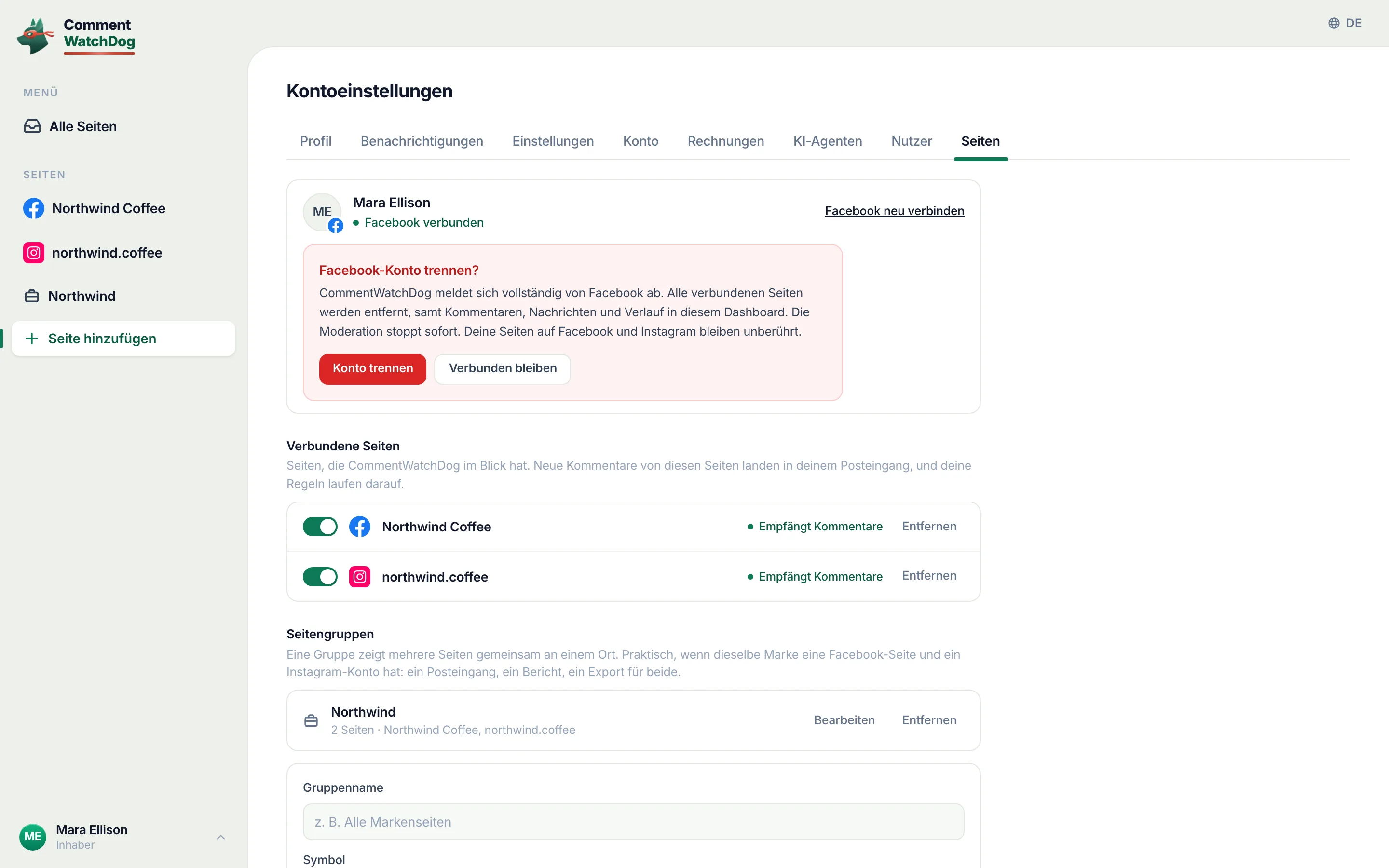 „Konto trennen“ oder „Verbunden bleiben“.