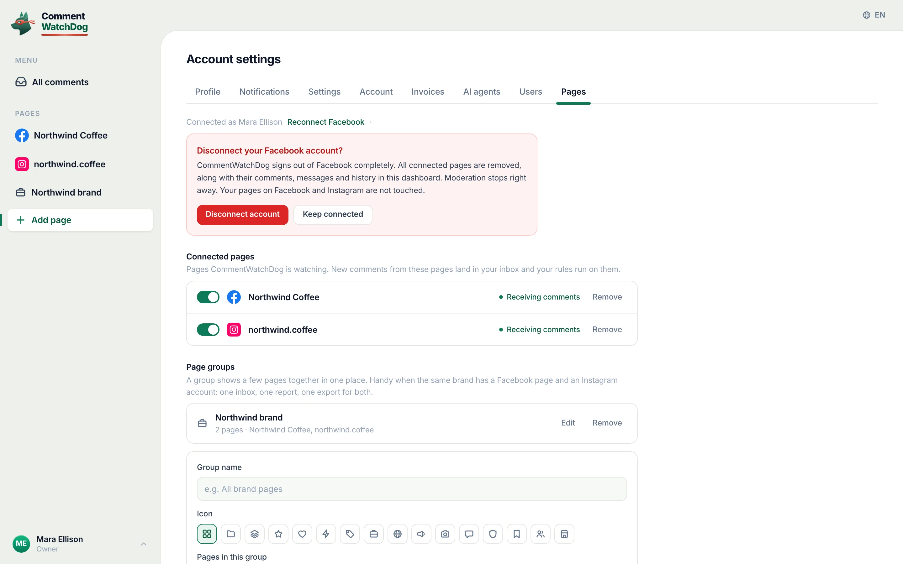Disconnect account, or Keep connected.