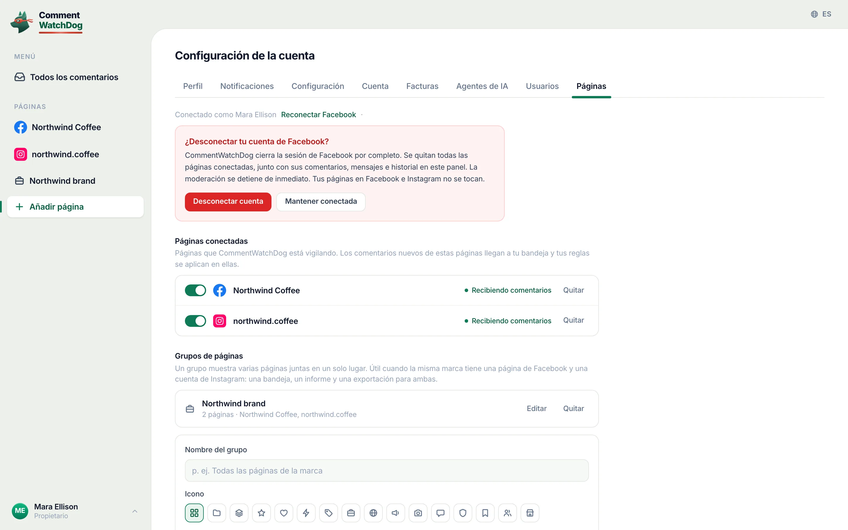 Desconectar cuenta, o Mantener conectado.