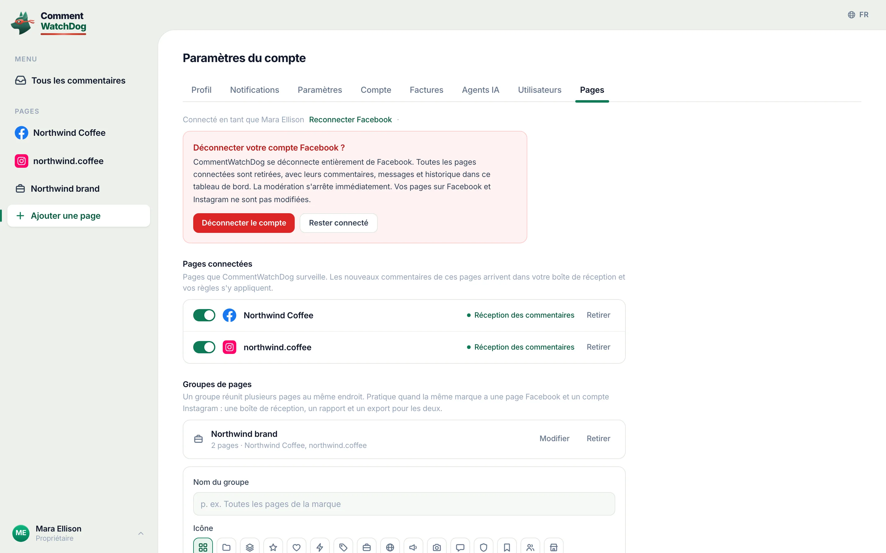 Déconnecter le compte, ou Garder connecté.