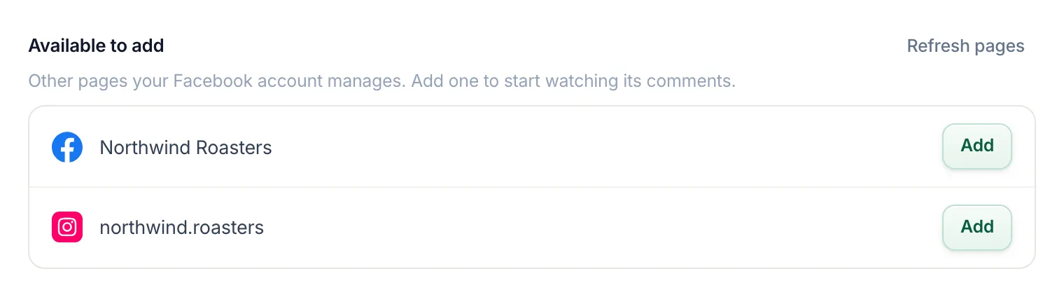 The Available to add section on its own: Refresh pages at its top right, above the list.