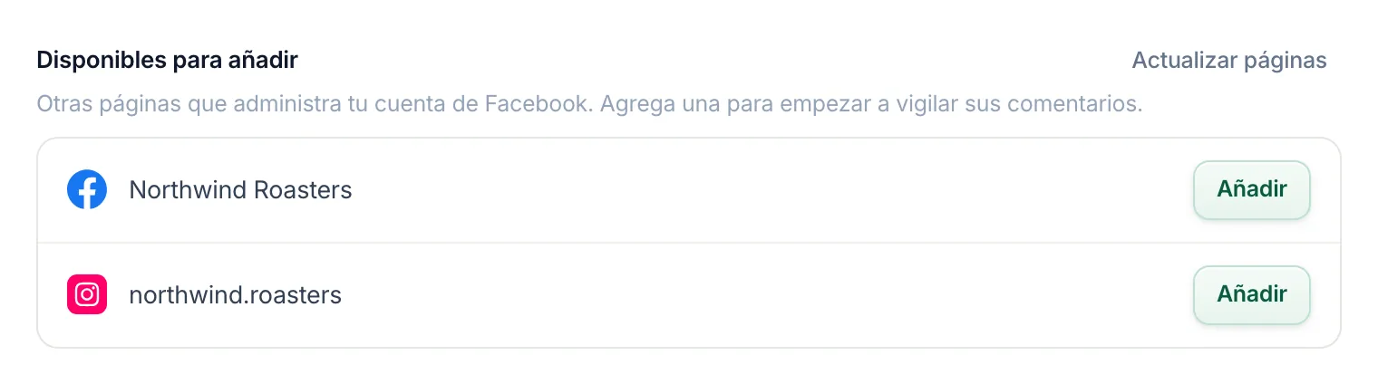 La sección Disponible para añadir por sí sola: Actualizar páginas en su parte superior derecha, arriba de la lista.