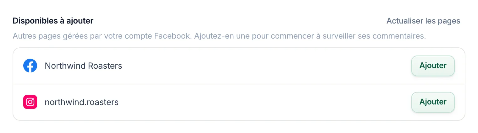 La section Disponible pour ajout seule : Actualiser les pages en haut à droite, au-dessus de la liste.