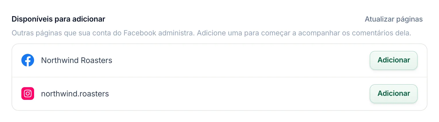 A seção Disponível para adicionar sozinha: Atualizar páginas no canto superior direito, acima da lista.
