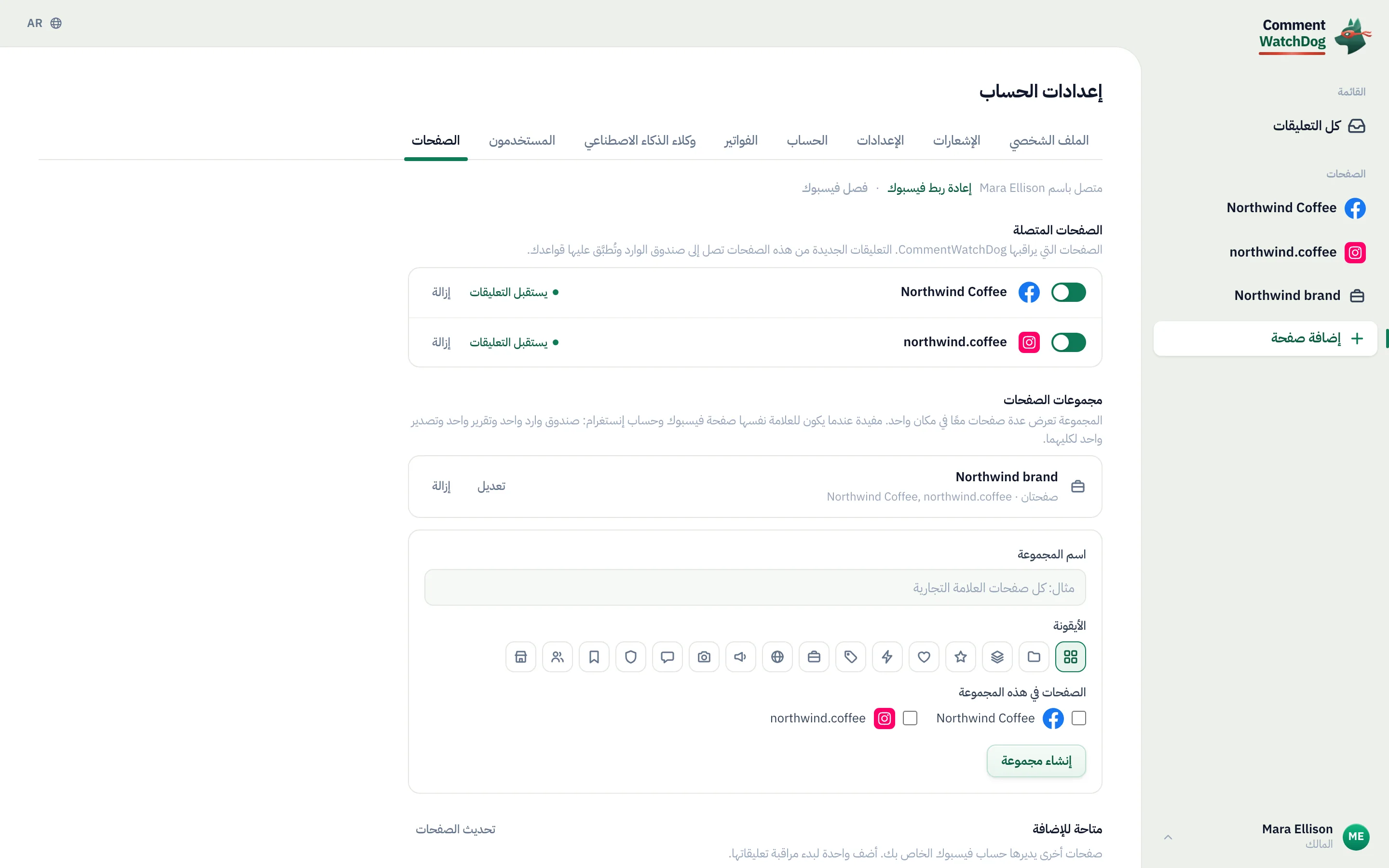 إعدادات الصفحات مع صفحة Facebook وحساب Instagram.