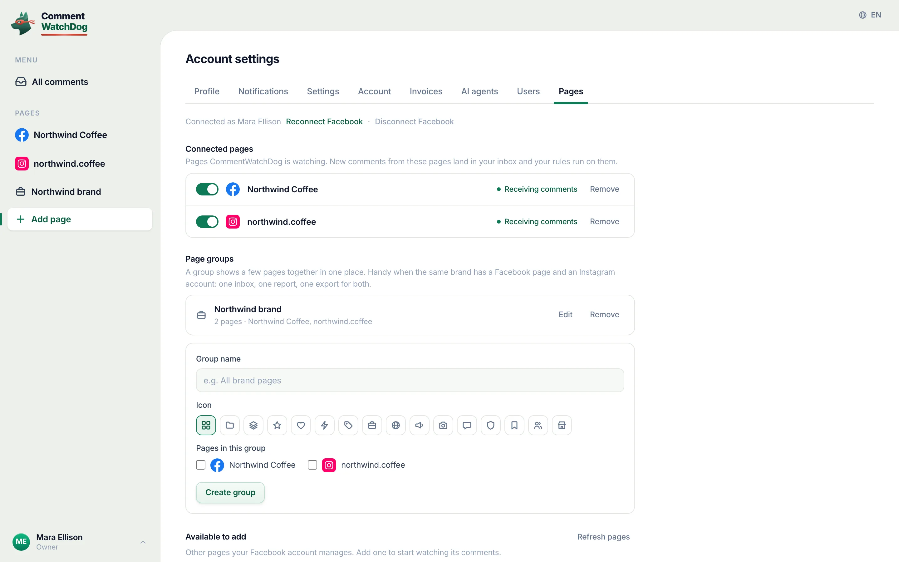 The pages settings with a Facebook Page and an Instagram account.