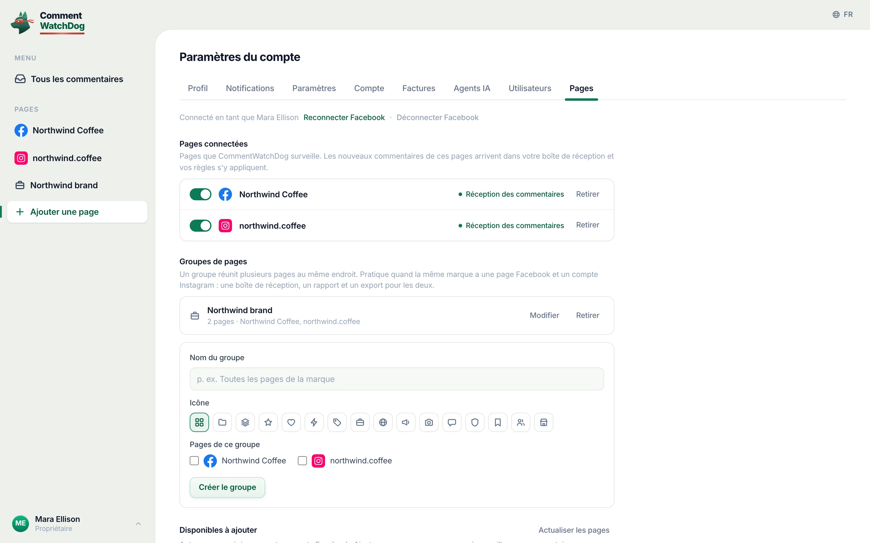 Les paramètres des pages avec une page Facebook et un compte Instagram.