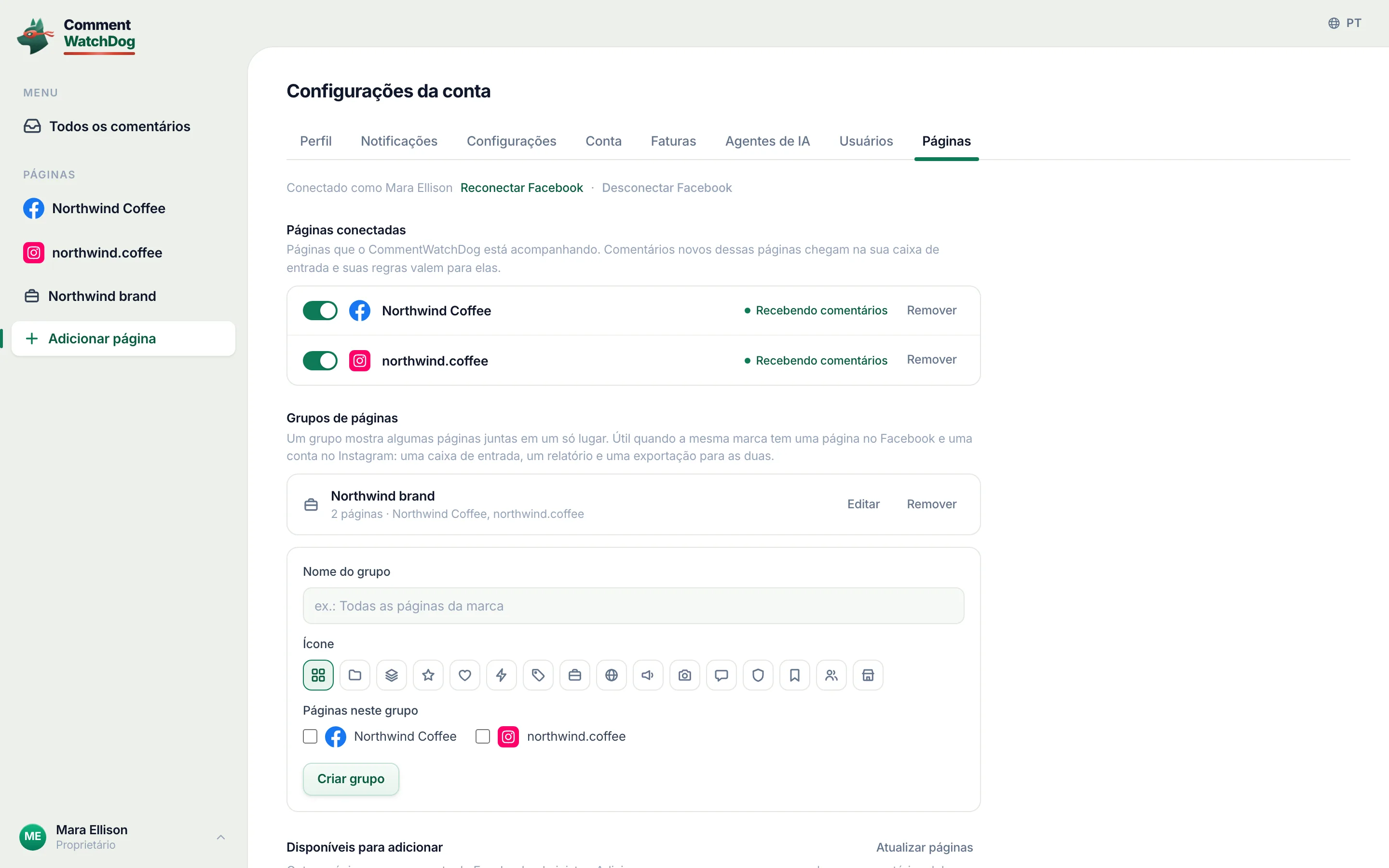 As configurações de páginas com uma página do Facebook e uma conta do Instagram.