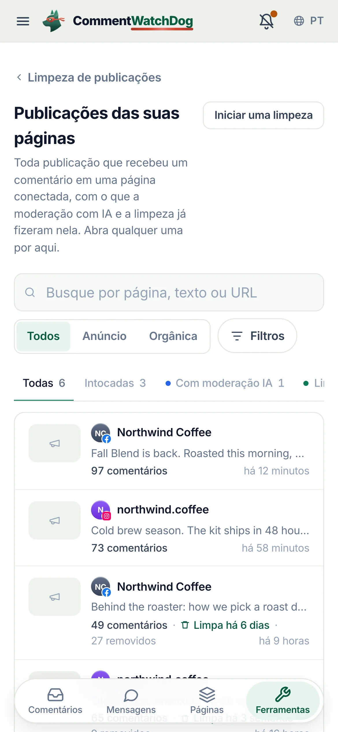 A biblioteca de publicações em um celular.