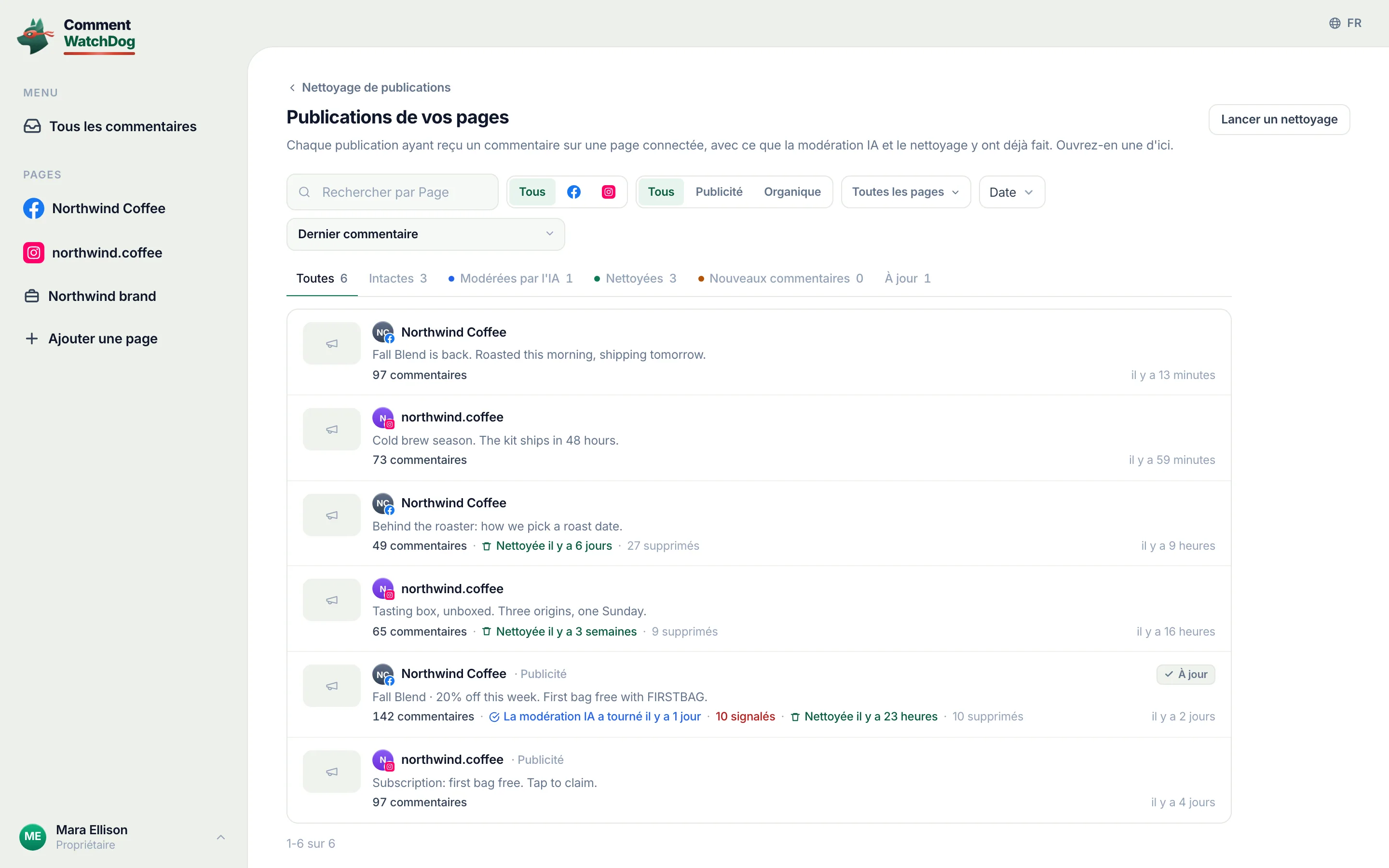 La bibliothèque de publications avec les publications et reels Instagram.