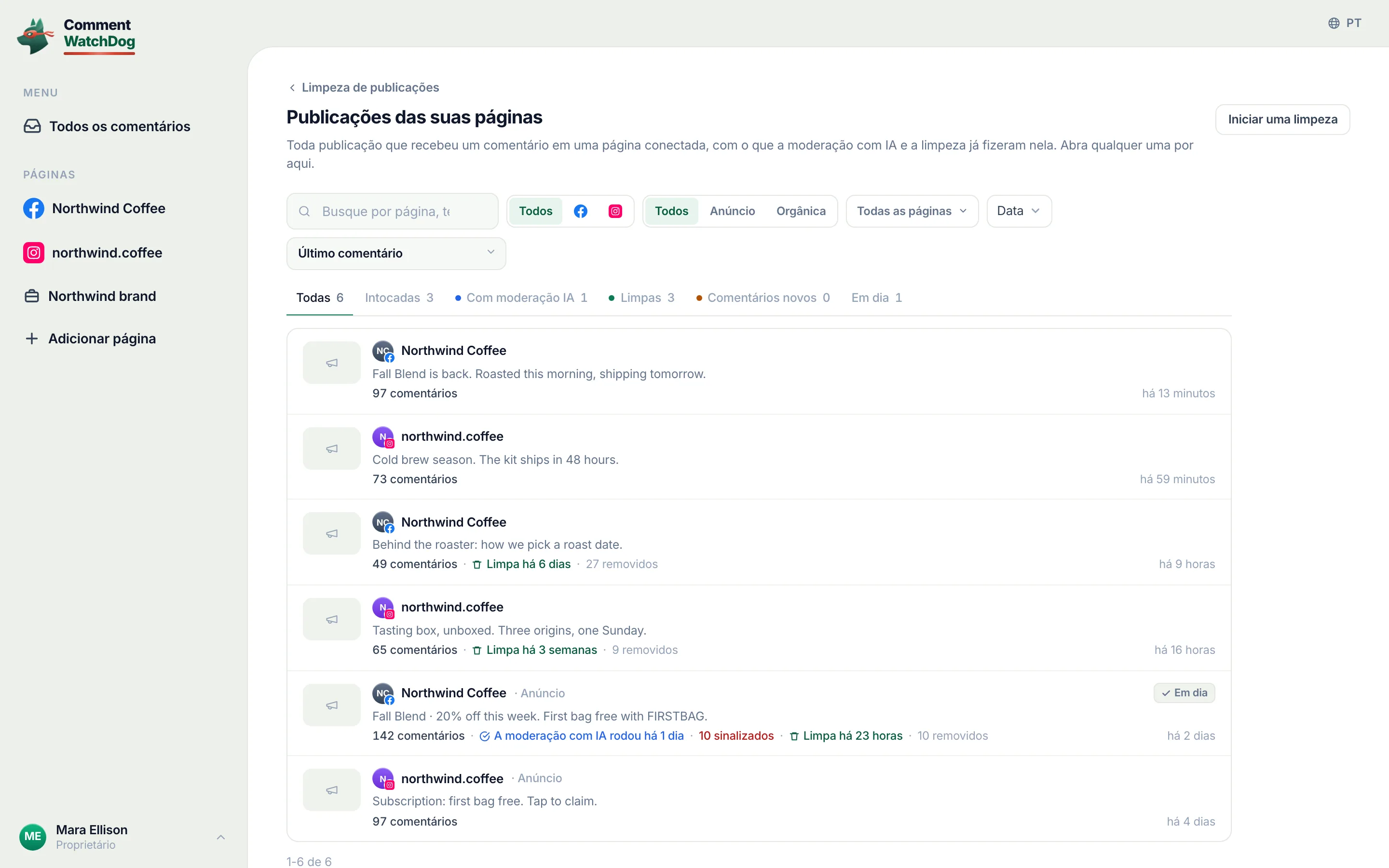 A biblioteca de publicações com publicações e reels do Instagram.