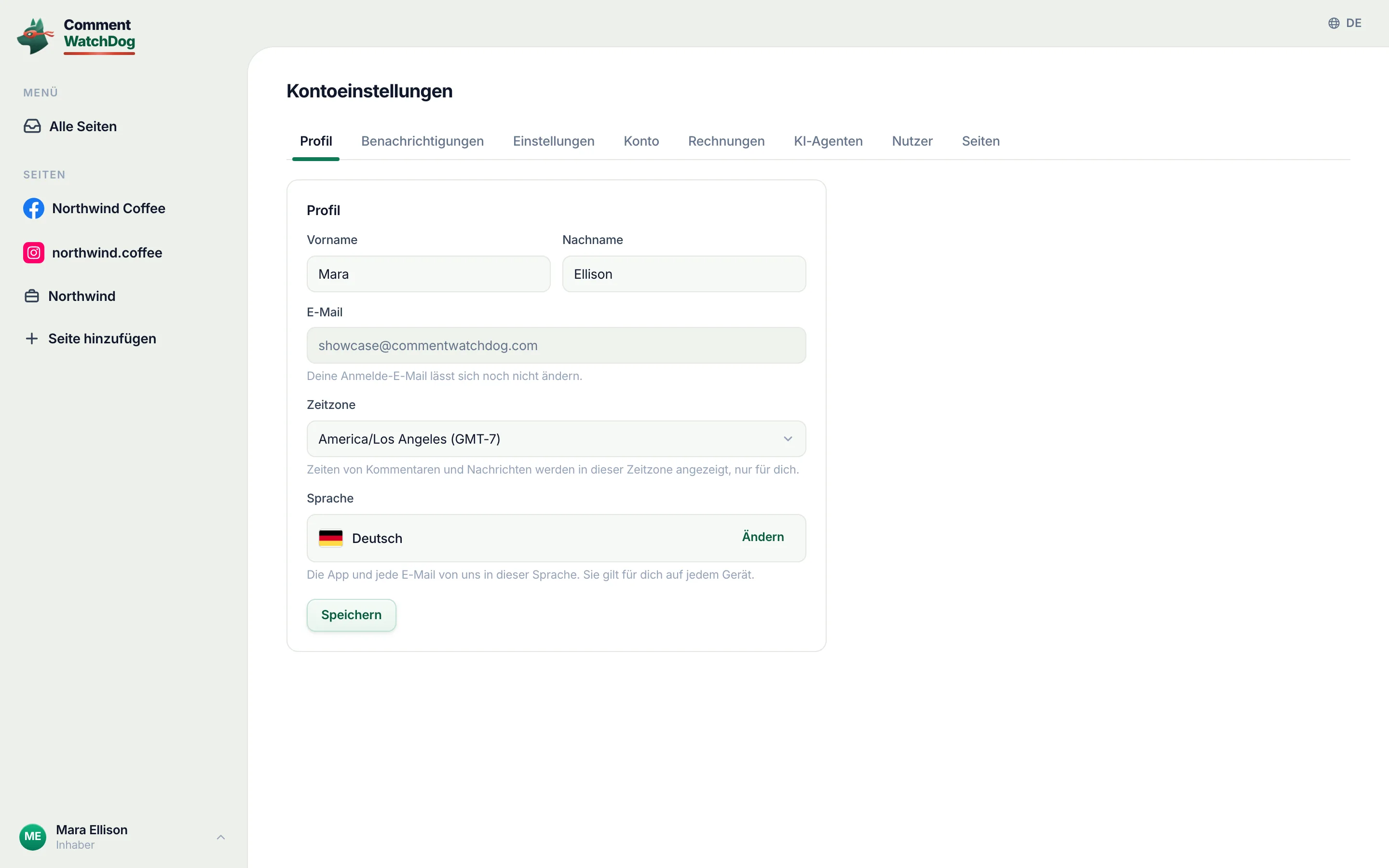 Die Profilseite: Vor- und Nachname, die E-Mail für die Anmeldung, Zeitzone und Sprache.