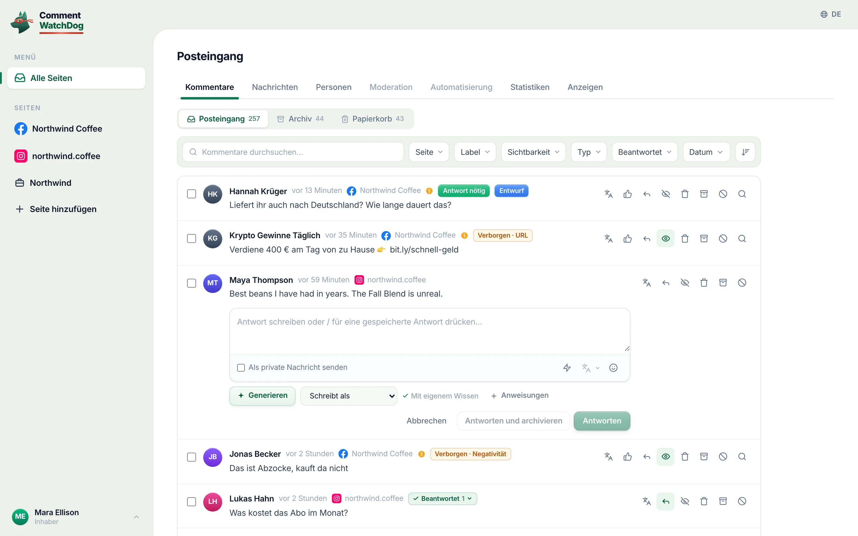 Das Antwortfeld, geöffnet unter einem Kommentar: „Als private Nachricht senden“, „Generieren“, „Schreibt als“, „Mit eigenem Wissen“ und die Buttons „Antworten“ und „Antworten und archivieren“.