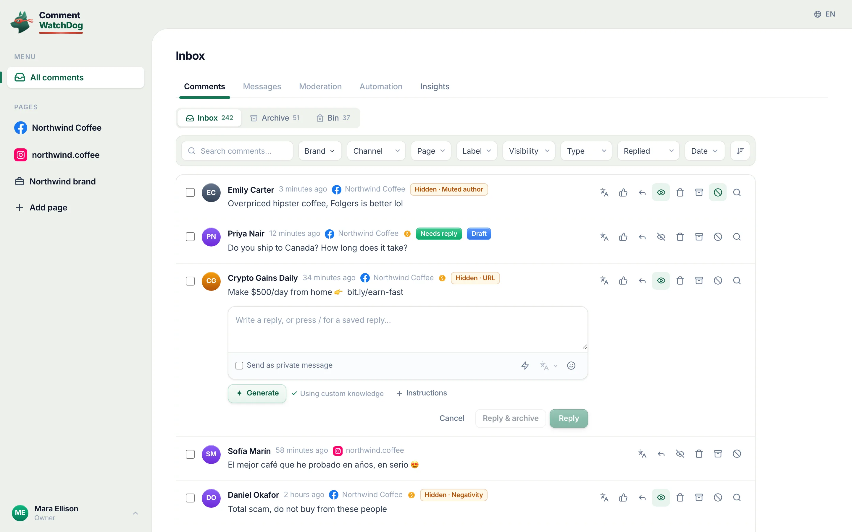 The reply composer open under a comment, with the private message and archive-after toggles.
