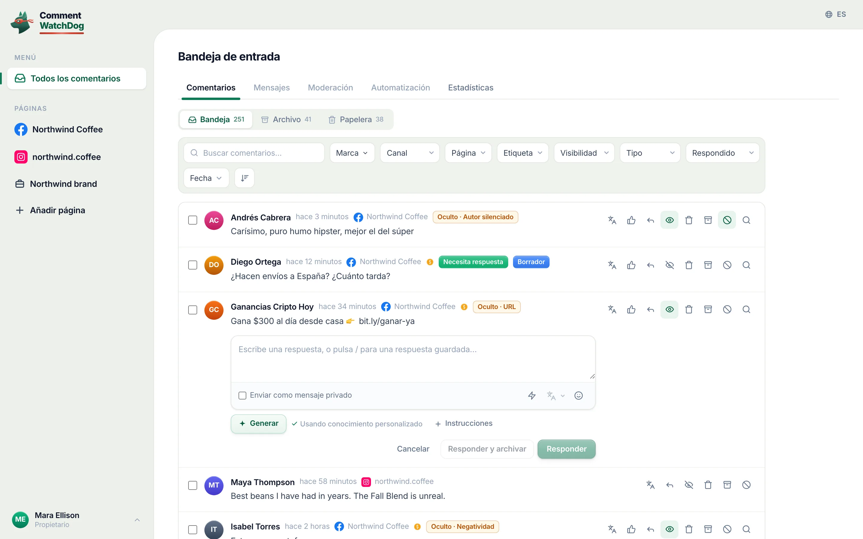 El editor de respuestas abierto bajo un comentario, con los interruptores de mensaje privado y archivar después.