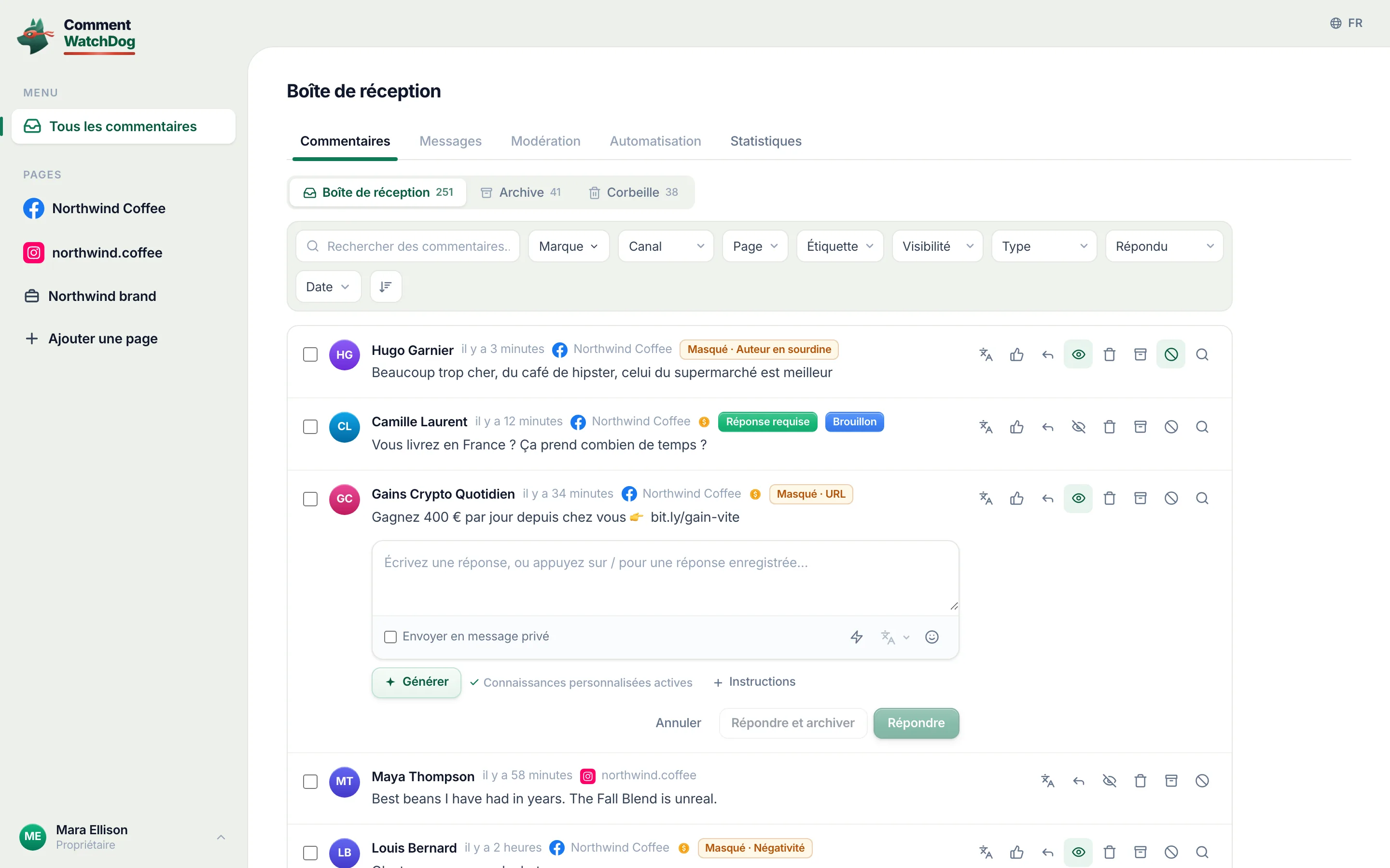 L’éditeur de réponse ouvert sous un commentaire, avec les boutons Envoyer en message privé et Archiver après avoir répondu.