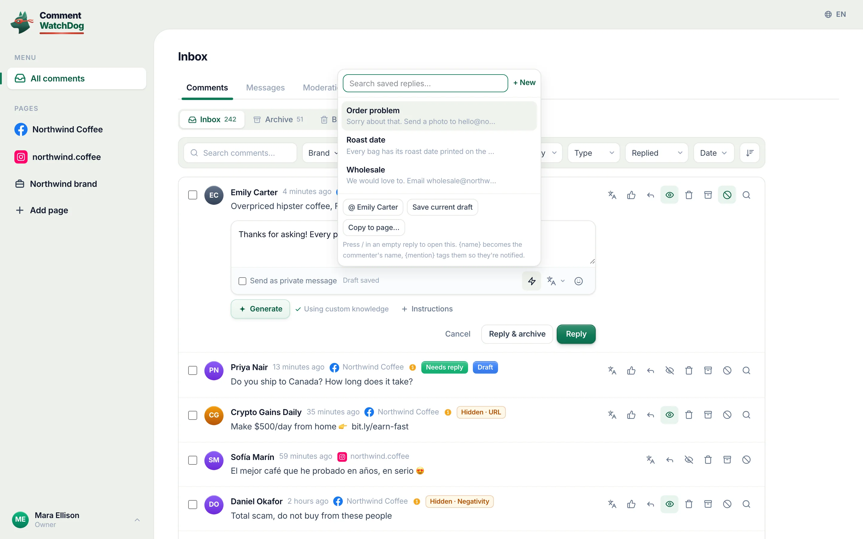The saved replies picker open inside the composer.