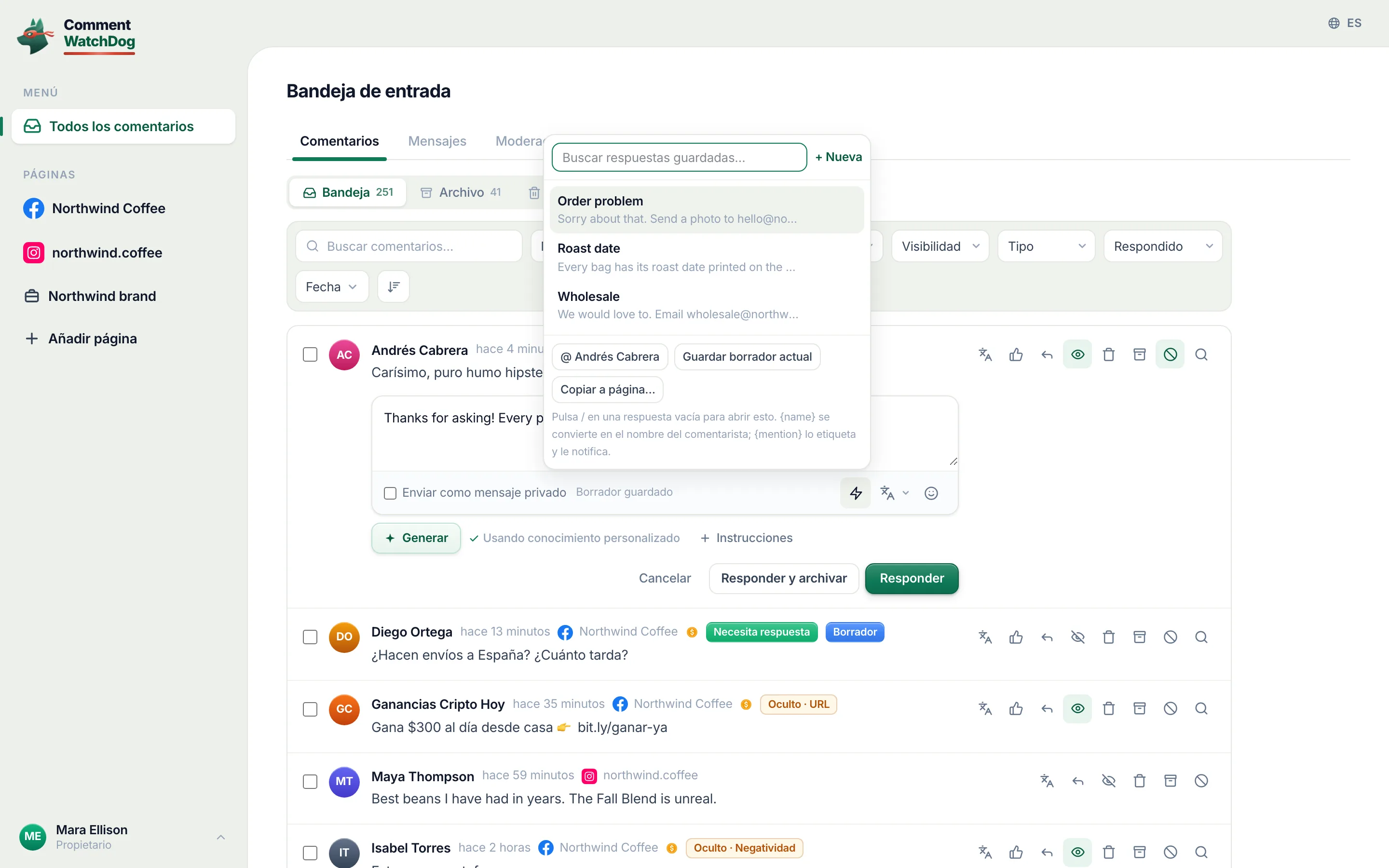 El selector de respuestas guardadas abierto dentro del editor.