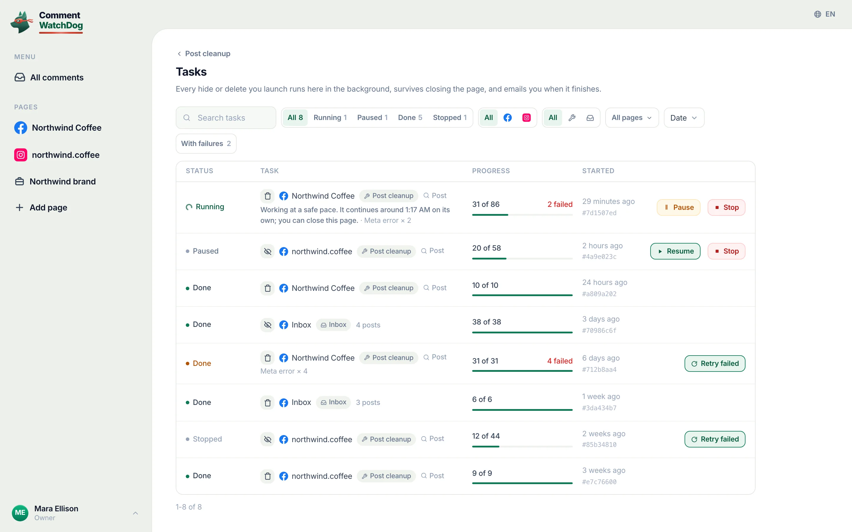 The tasks list with jobs in every state.