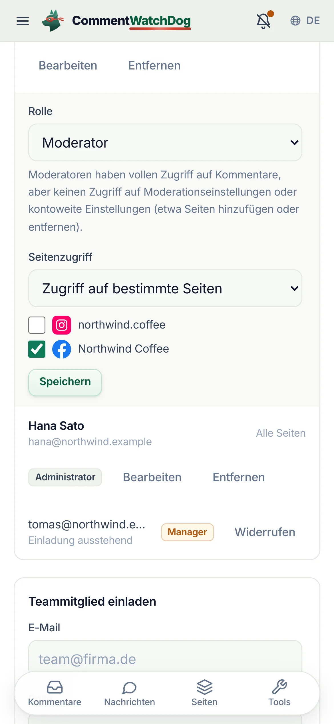 Ein Teammitglied wird auf dem Handy bearbeitet: Rolle auf Moderator gesetzt, mit dem, was ein Moderator darf, Seitenzugriff auf bestimmte Seiten gesetzt, Northwind Coffee angehakt, Speichern und als Nächstes in der Liste der Administrator.