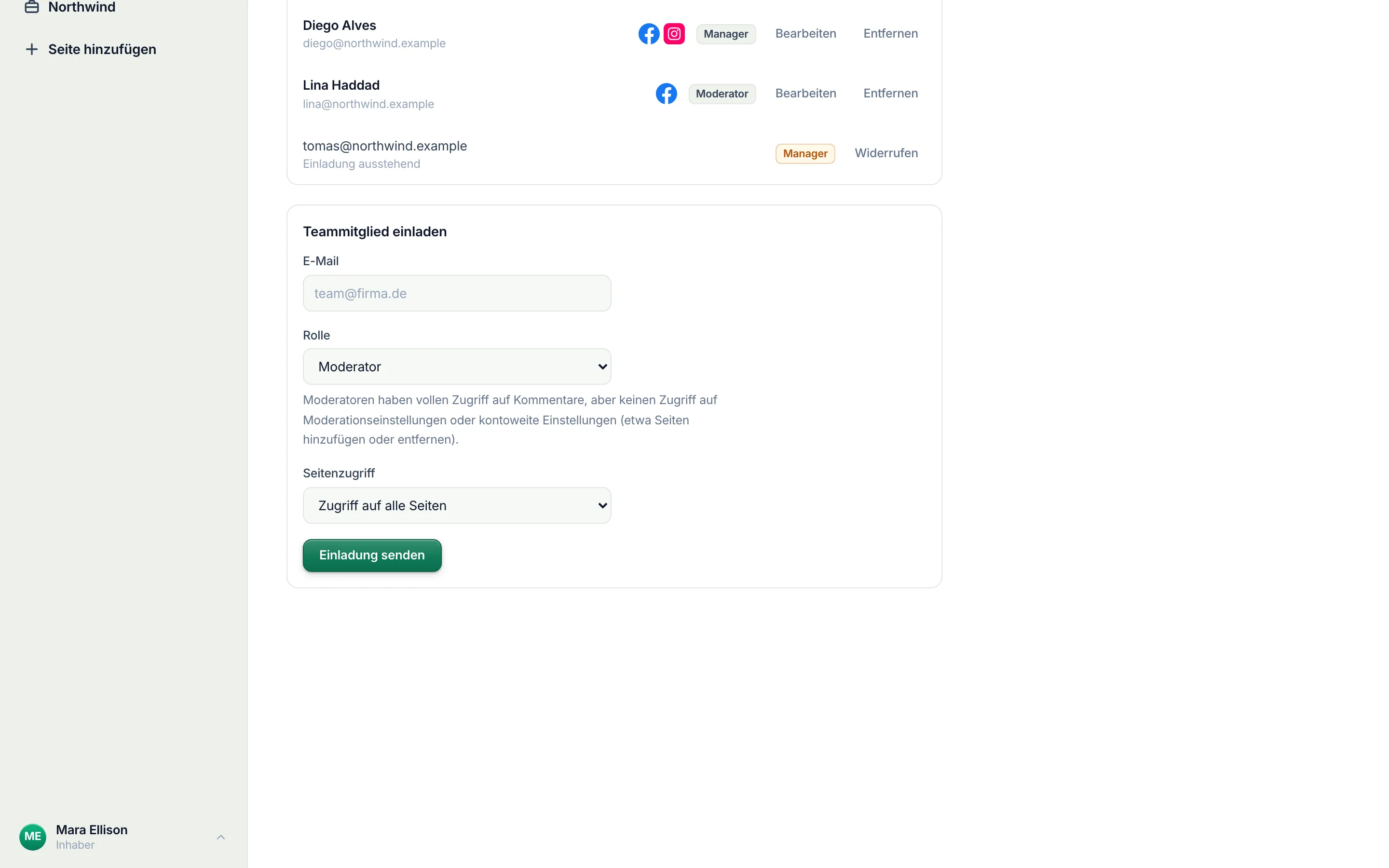 Teammitglied einladen: E-Mail und Rolle.