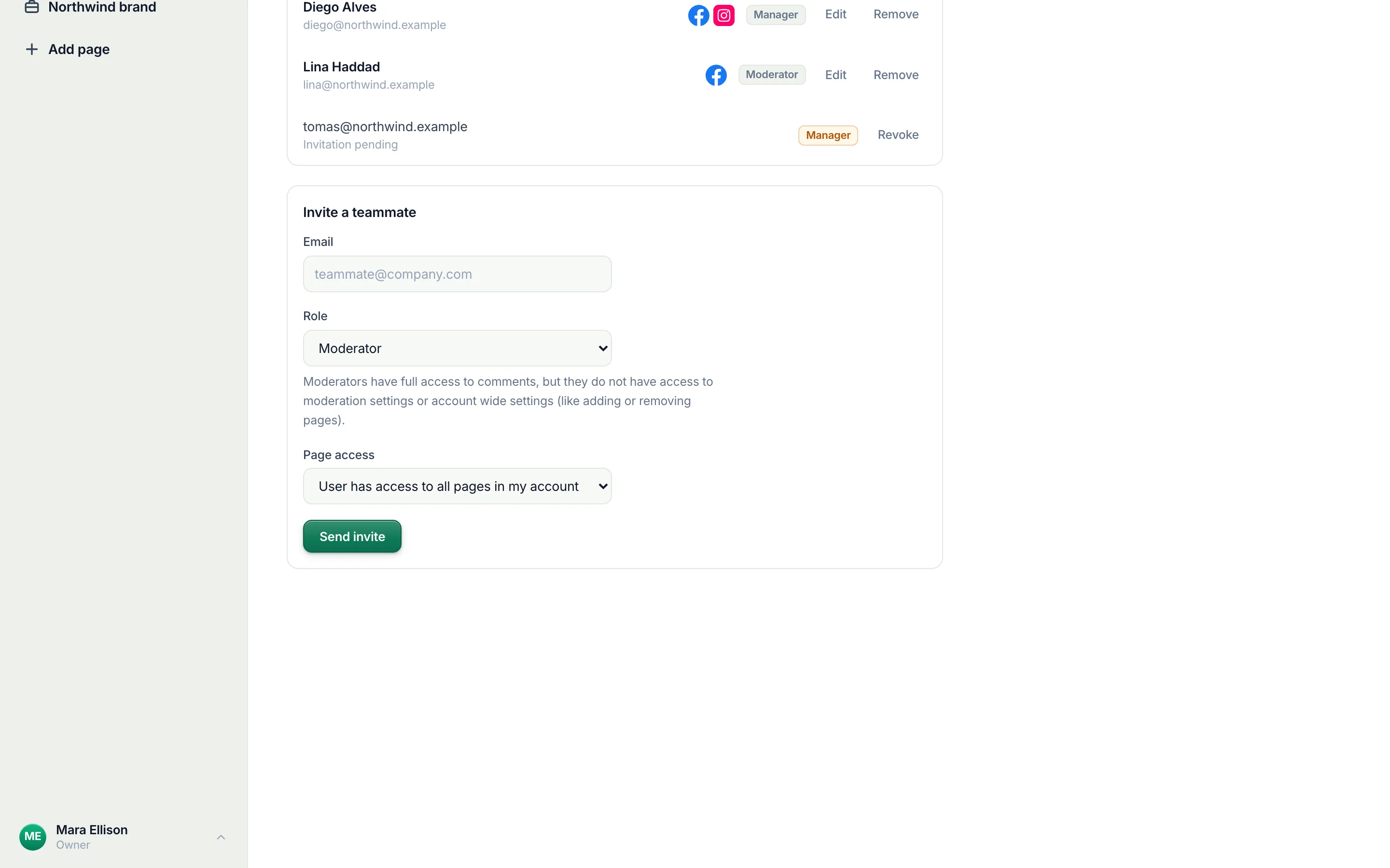Invite a teammate: their email and the role.