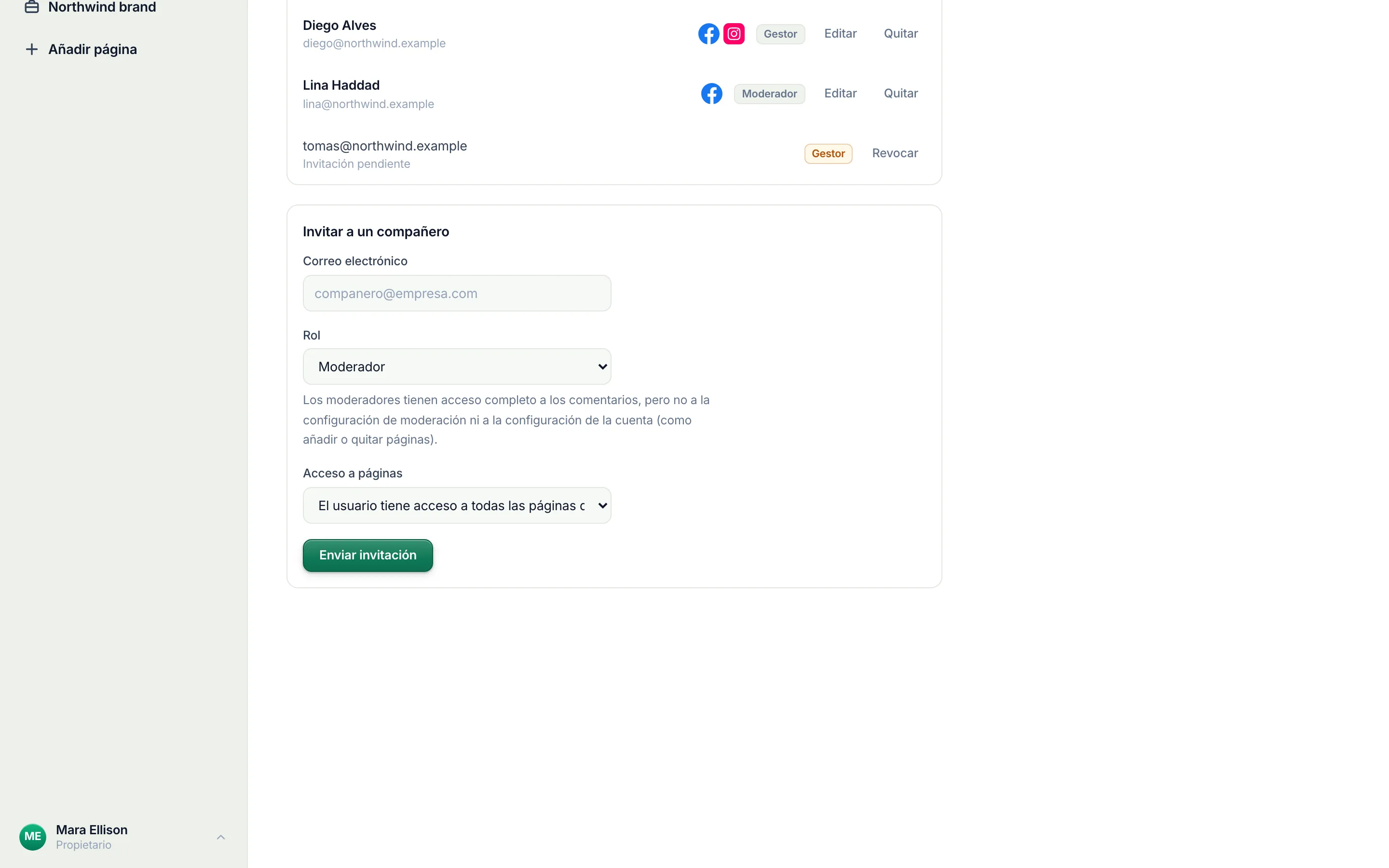 Invitar a un compañero: su correo electrónico y el rol.