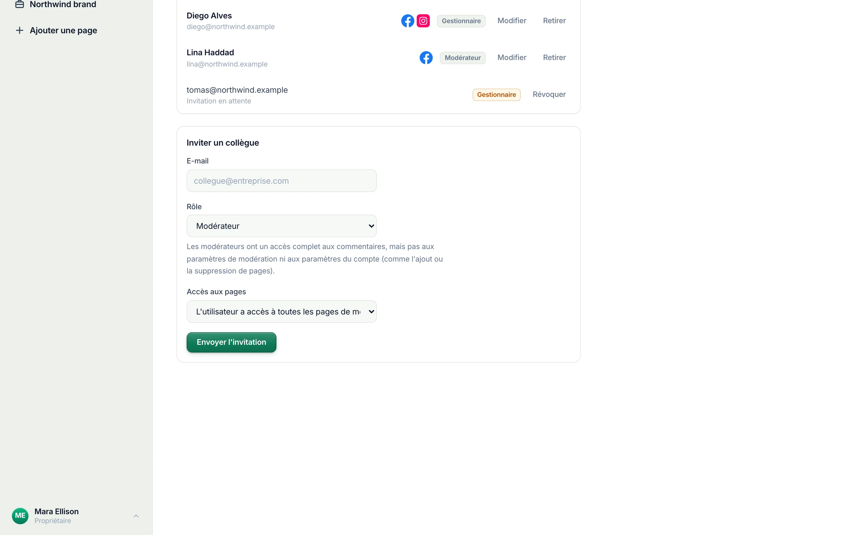 Inviter un collègue : son e-mail et son rôle.