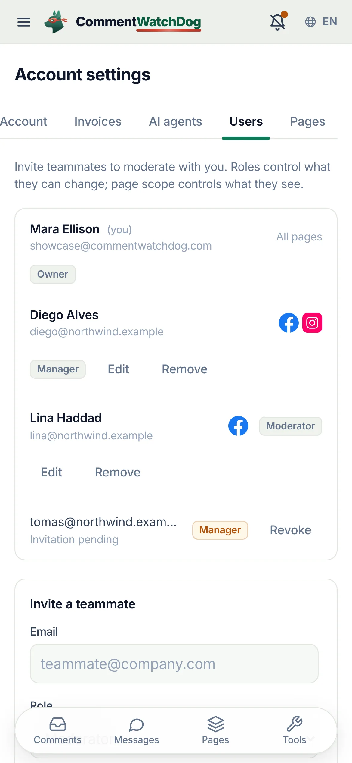 The Users page: the owner, an administrator, a manager, a page-scoped moderator being edited, a pending invitation and the invite form.
