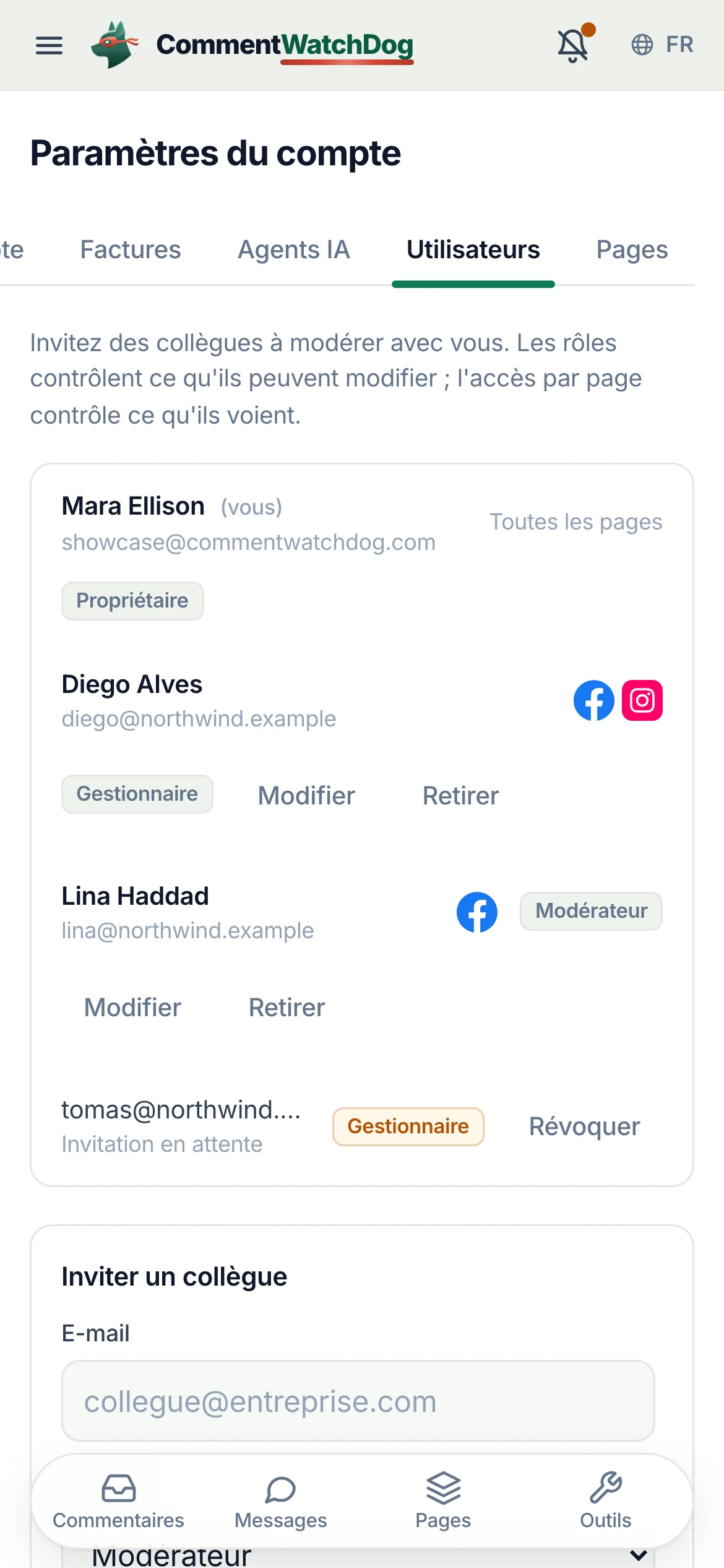 La page Utilisateurs : le propriétaire, un administrateur, un gestionnaire, un modérateur avec accès aux pages en cours de modification, une invitation en attente et le formulaire d’invitation.