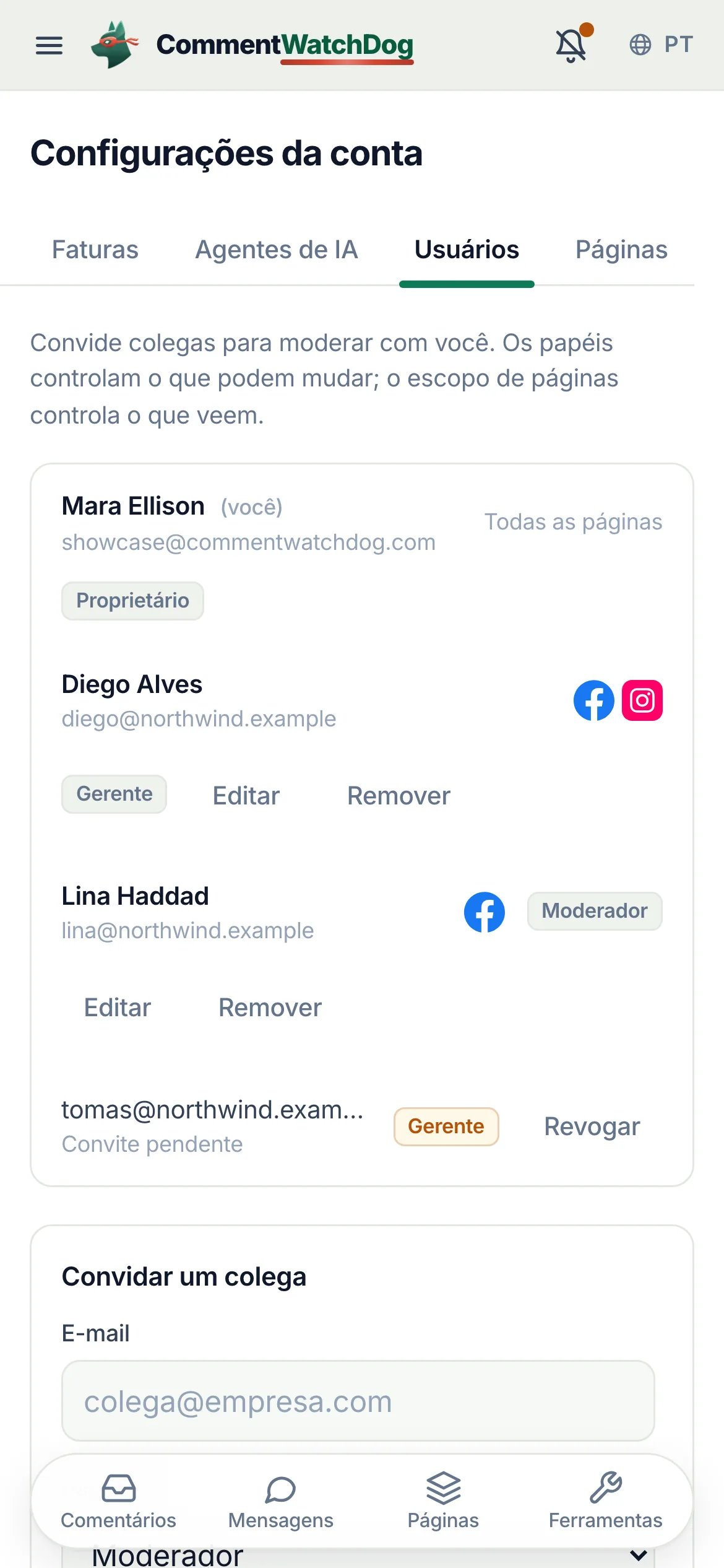 A página Usuários: o proprietário, um administrador, um gerente, um moderador com escopo de página sendo editado, um convite pendente e o formulário de convite.