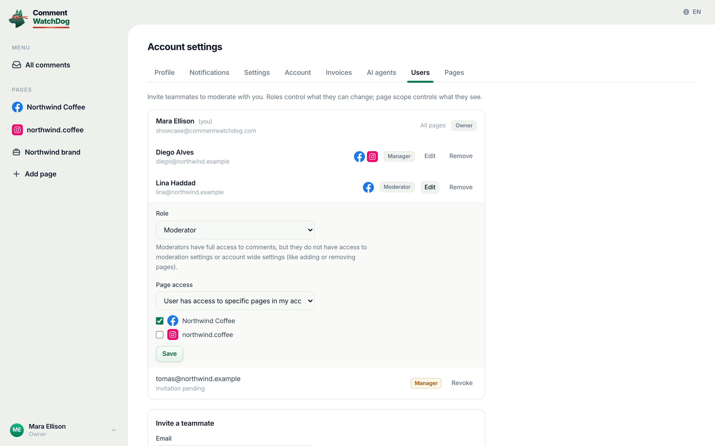 The Users page: the owner, an administrator, a manager, a page-scoped moderator being edited, a pending invitation and the invite form.